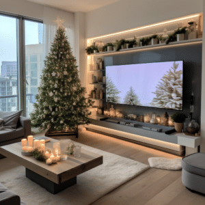 Grand Christmas tree standing in a living room with a TV in the background in Melbourne