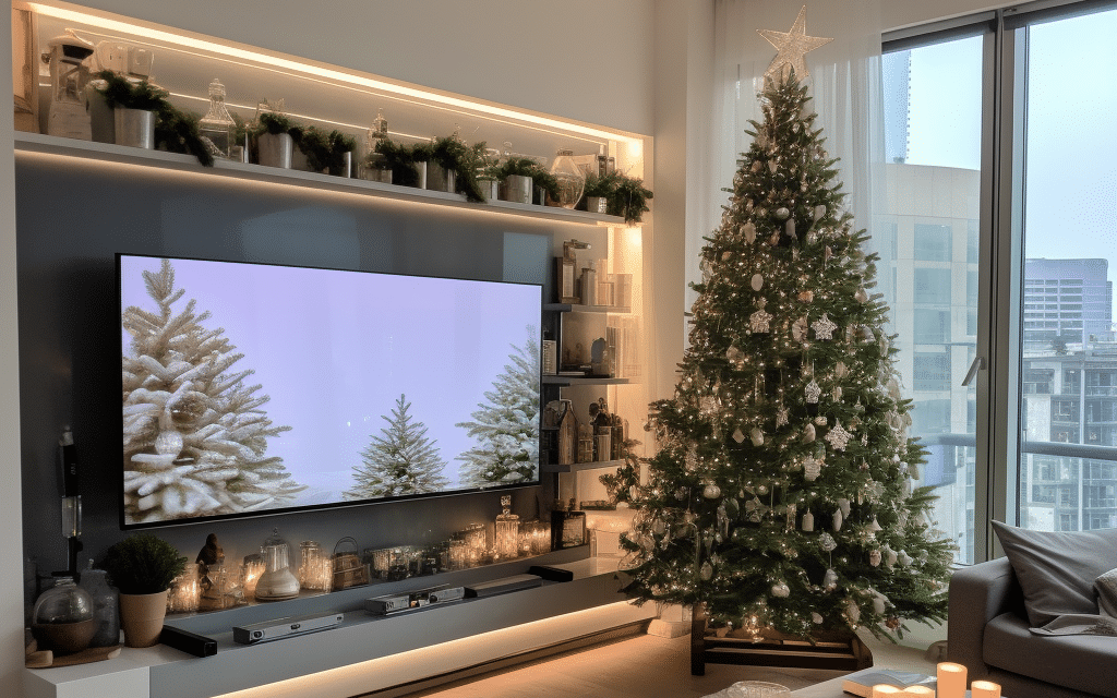 Grand Christmas tree standing in a living room with a TV in the background in Melbourne